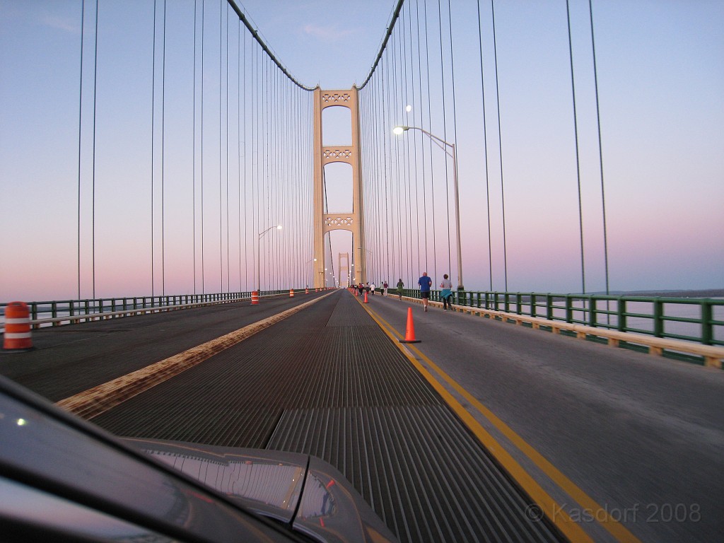 Mackinaw Island Area May 2008 0046.jpg - Because they staggered the start with about 25 people at a time the group was pretty well strung out over the bridge. Guess they were afraid the harmonics of 600 people stomping in unison might bring down the bridge.